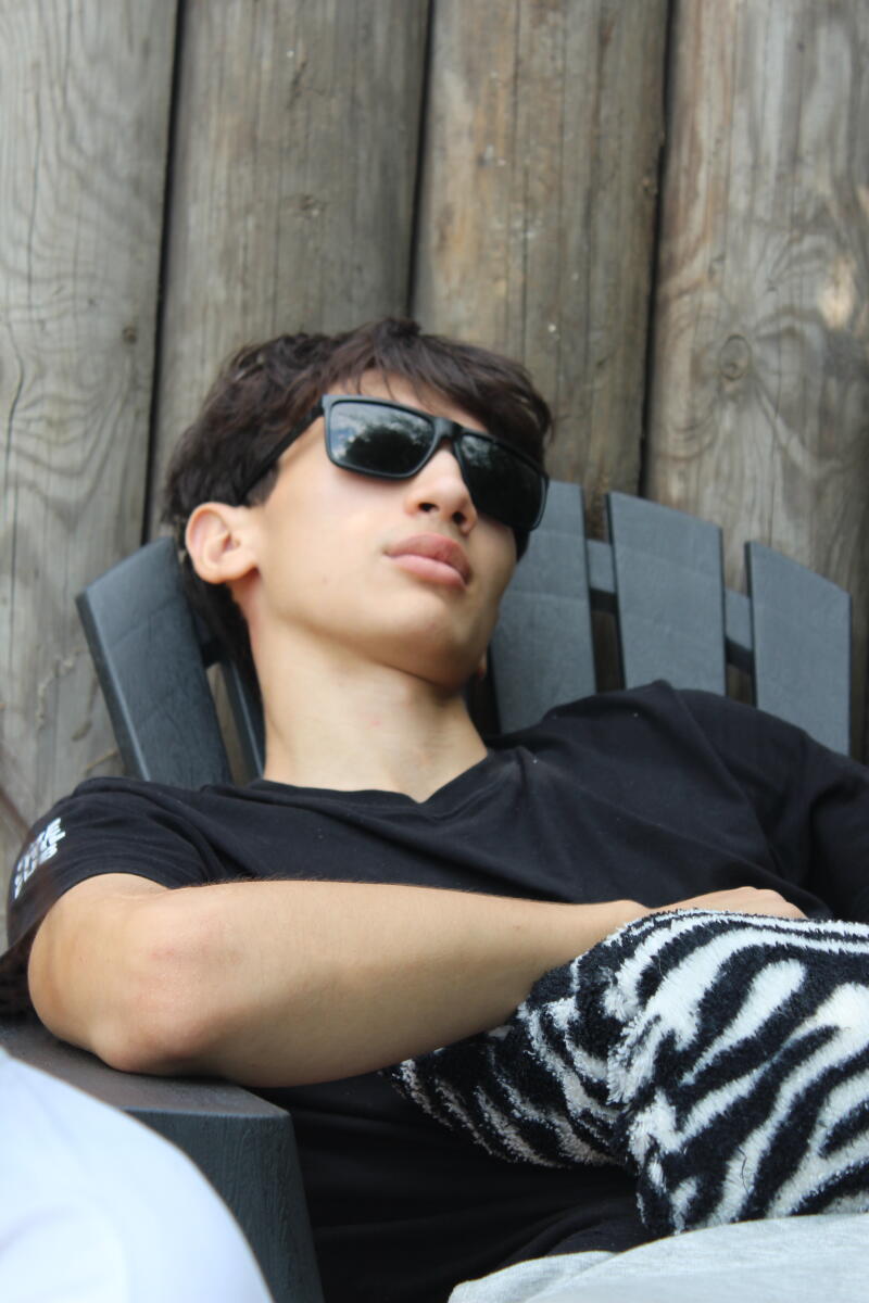 A person in sunglasses and a black shirt is sitting in a chair with a zebra-print blanket.