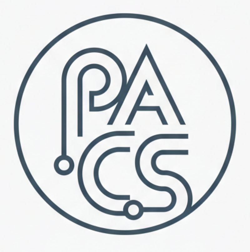 The image shows a round logo with the letters 'PACS' stylized to resemble a circuit board.