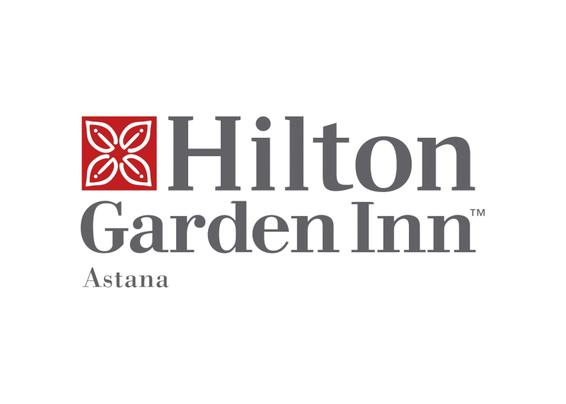The image displays the Hilton Garden Inn Astana logo, featuring a red square with a stylized floral design to the left of the grey text "Hilton Garden Inn" and the word "Astana" below.