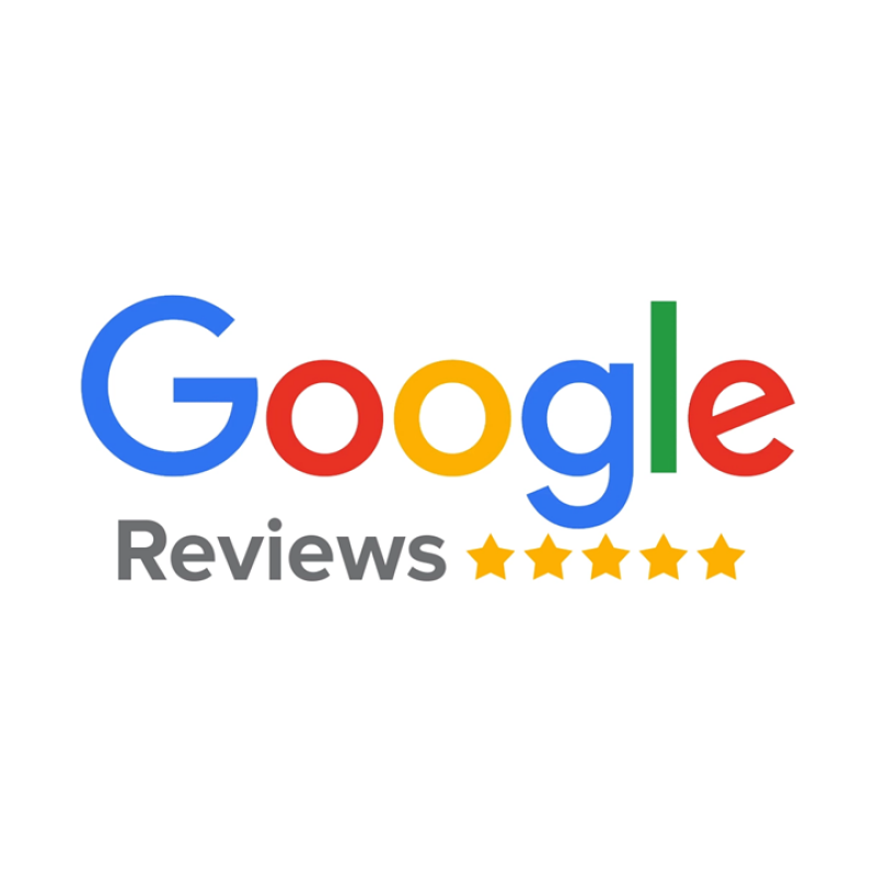 The image shows the Google Reviews logo, with the word "Google" in its characteristic blue, red, yellow, and green colors, and the word "Reviews" in gray below, followed by five gold stars.