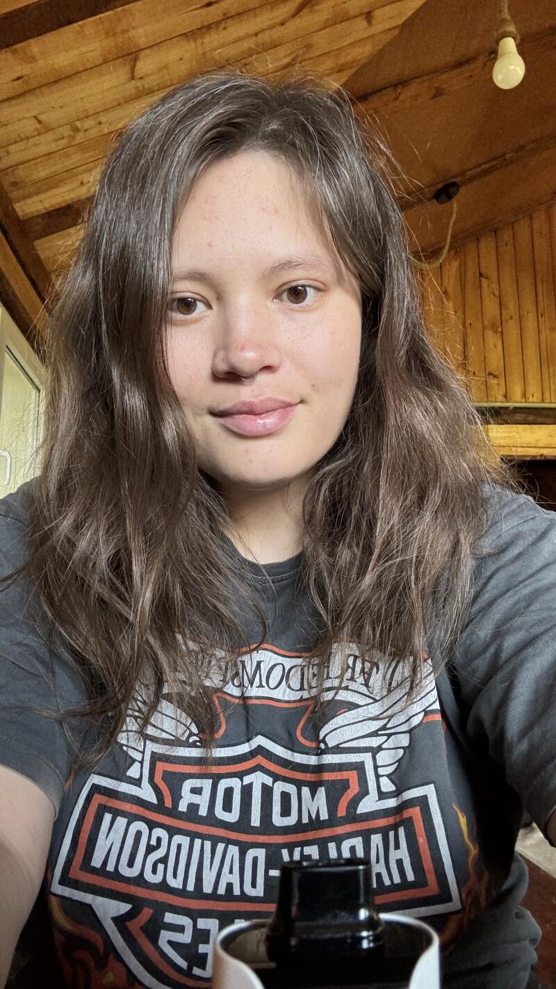 A person with long brown hair is wearing a gray T-shirt with a Harley Davidson logo. The background includes a wooden ceiling and a light bulb.
