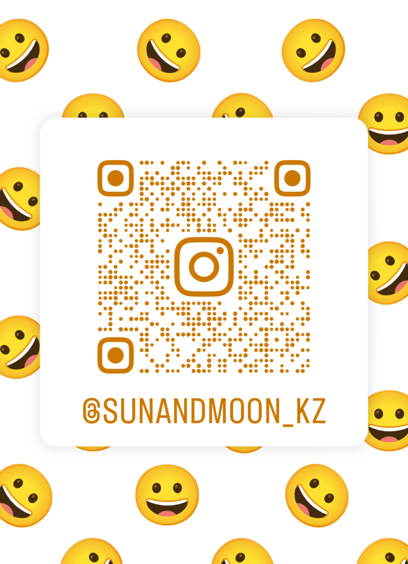 The image shows an Instagram QR code for @SUNANDMOON_KZ, surrounded by happy face emojis on a white background.