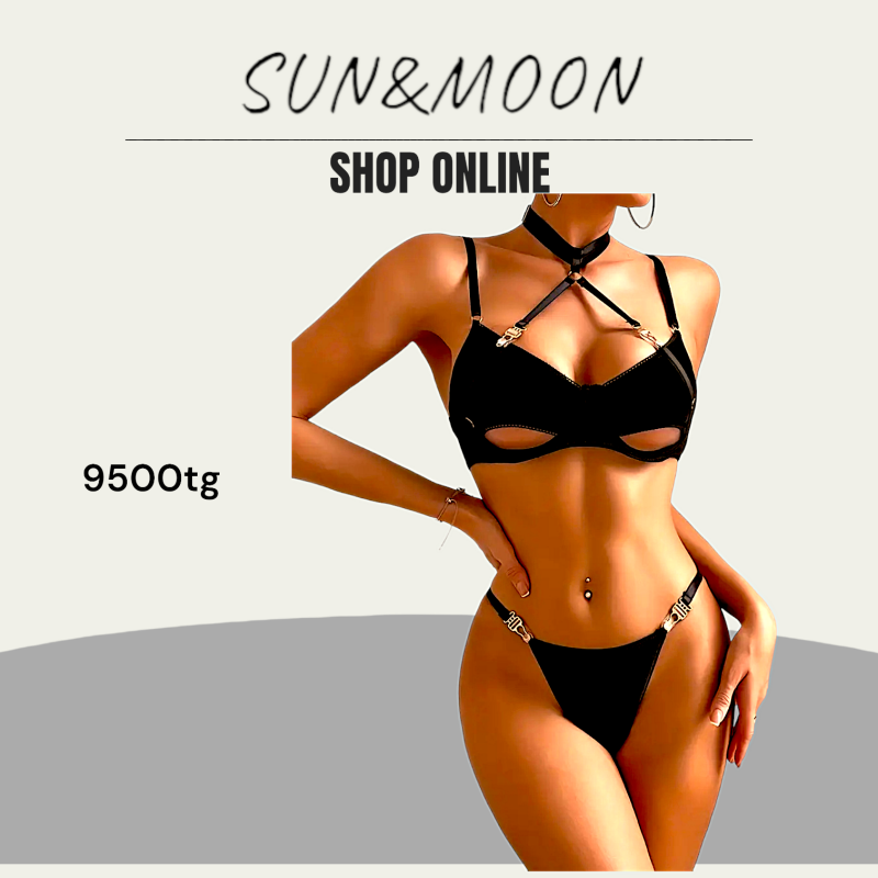 An advertisement features a woman modeling a black lingerie set with gold accents, with the brand name "SUN&MOON" and "SHOP ONLINE" text visible above, and the price "9500tg" displayed on the left.