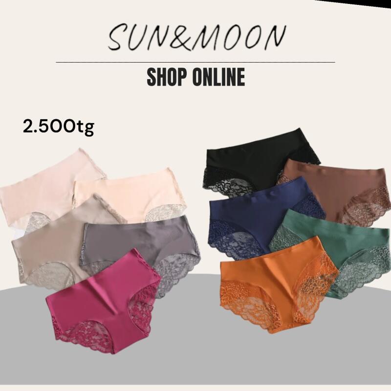 The image displays an advertisement for women's underwear from "SUN&MOON SHOP ONLINE", featuring several pairs of panties in various colors with lace detailing, priced at 2.500tg.