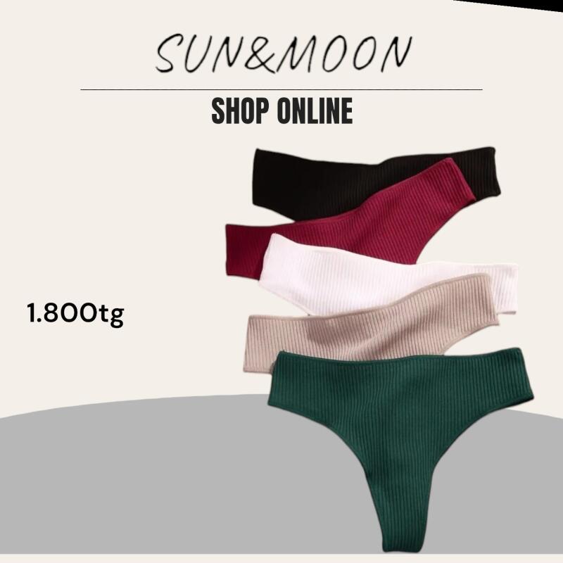 The image advertises "SUN&MOON SHOP ONLINE" and features a stack of five pairs of ribbed underwear in black, burgundy, white, beige, and green, with the price listed as "1.800tg".
