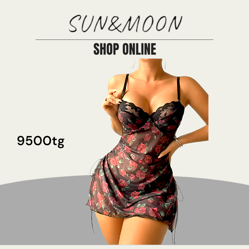 A person models a floral-patterned lingerie dress, with the text "SUN&MOON SHOP ONLINE" above and the price "9500tg" to the side.