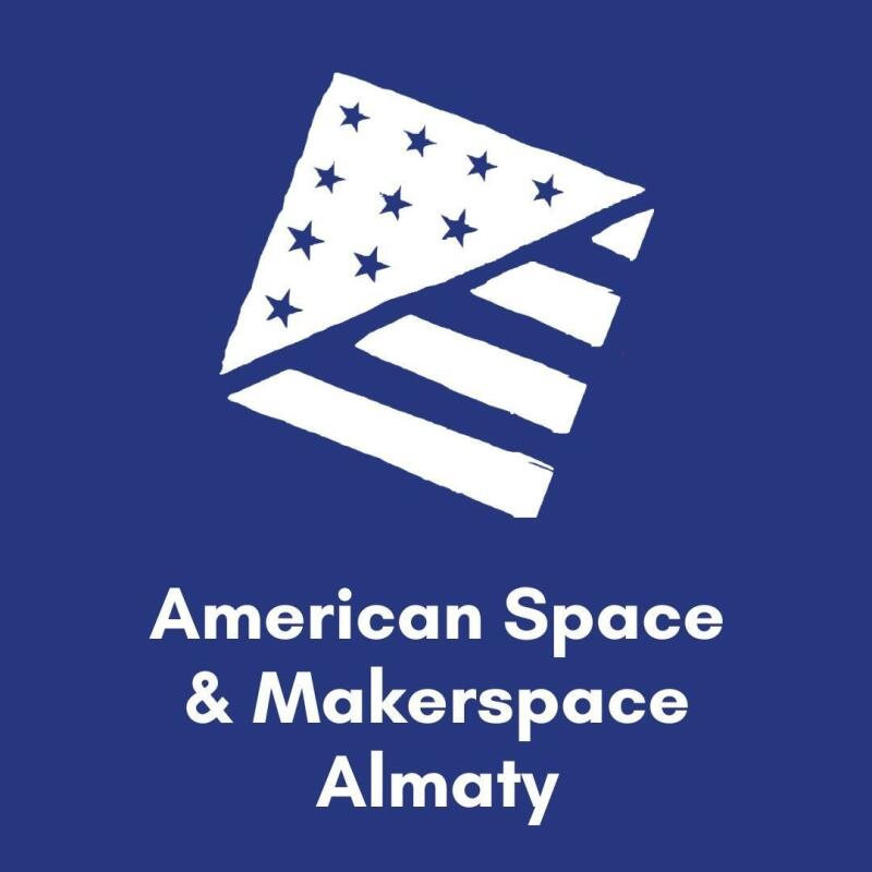 The image features a logo for "American Space & Makerspace Almaty" in white against a blue background. The logo includes a stylized, abstracted representation of the American flag with stars and stripes.