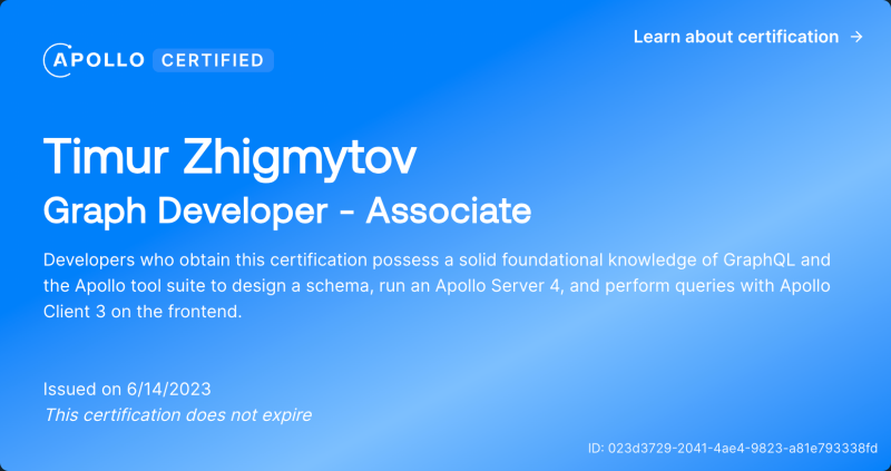 An Apollo Certified certificate for Timur Zhigmytov, recognizing him as a Graph Developer - Associate, issued on 6/14/2023, with the ID 023d3729-2041-4ae4-9823-a81e793338fd.