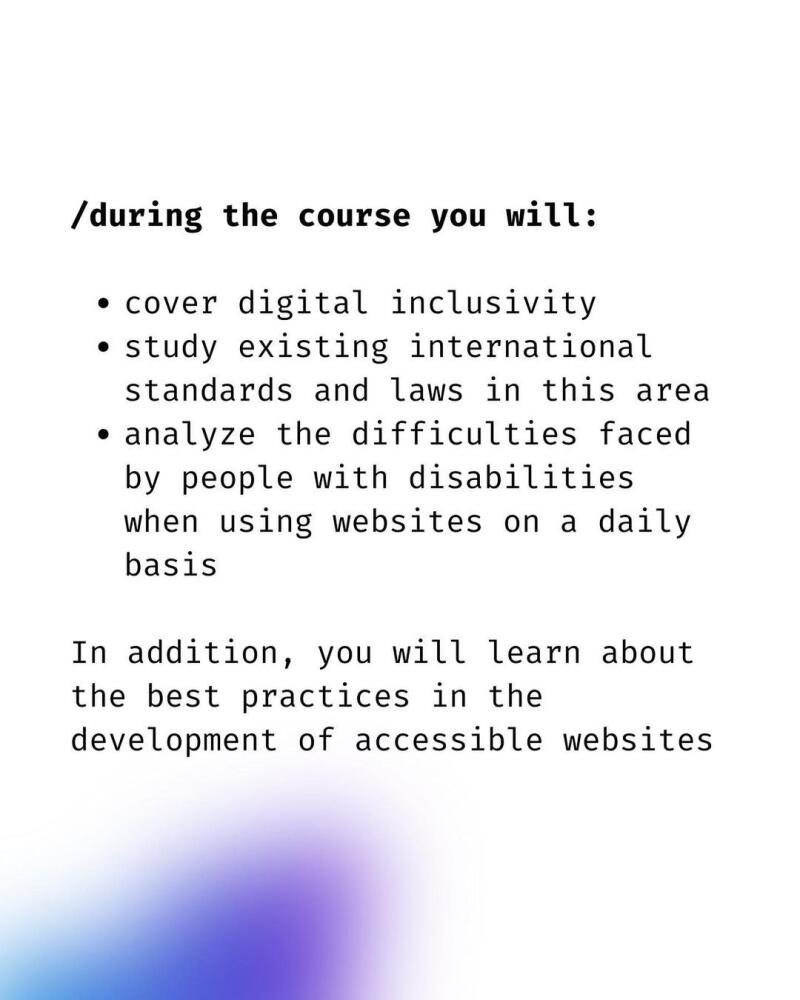 The image lists course content, including digital inclusivity, international standards, laws, difficulties faced by people with disabilities, and best practices for developing accessible websites.
