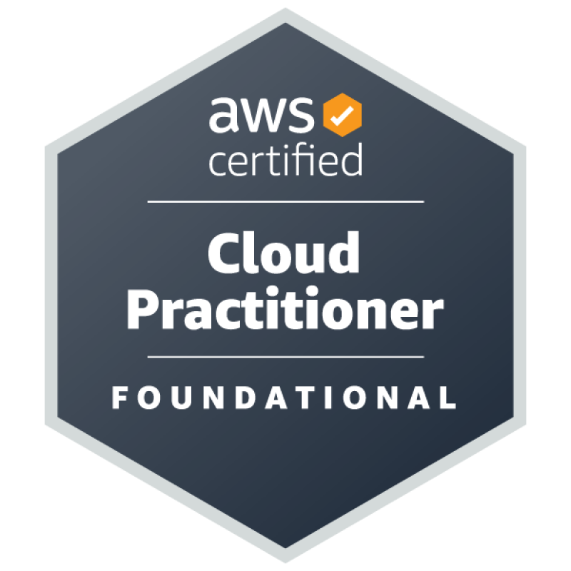 The image is a badge for "AWS Certified Cloud Practitioner FOUNDATIONAL", featuring a dark gray hexagon with the AWS logo in orange and white.