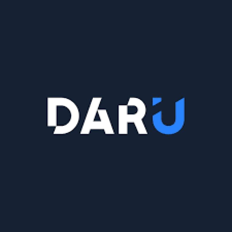 The image displays the word "DARU", where the letters "DAR" are white, and the letter "U" is blue, all set against a dark blue background.