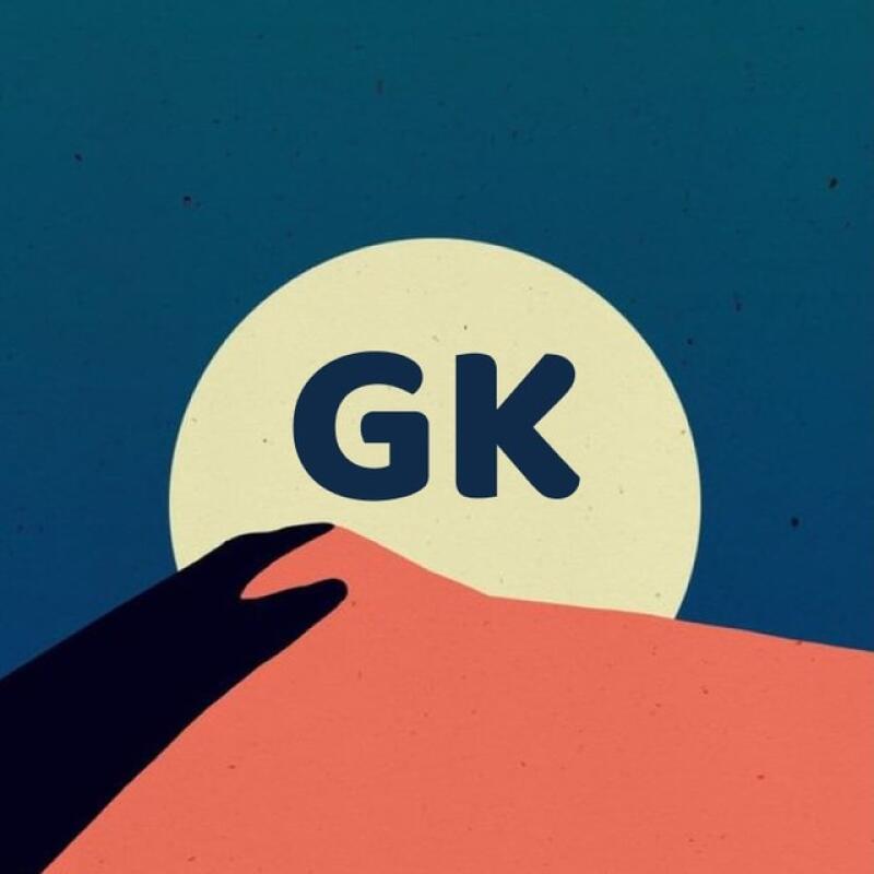 Illustration of a salmon-colored hill with a dark shadow against a blue sky with a cream-colored circle behind the hill containing the text 'GK'.