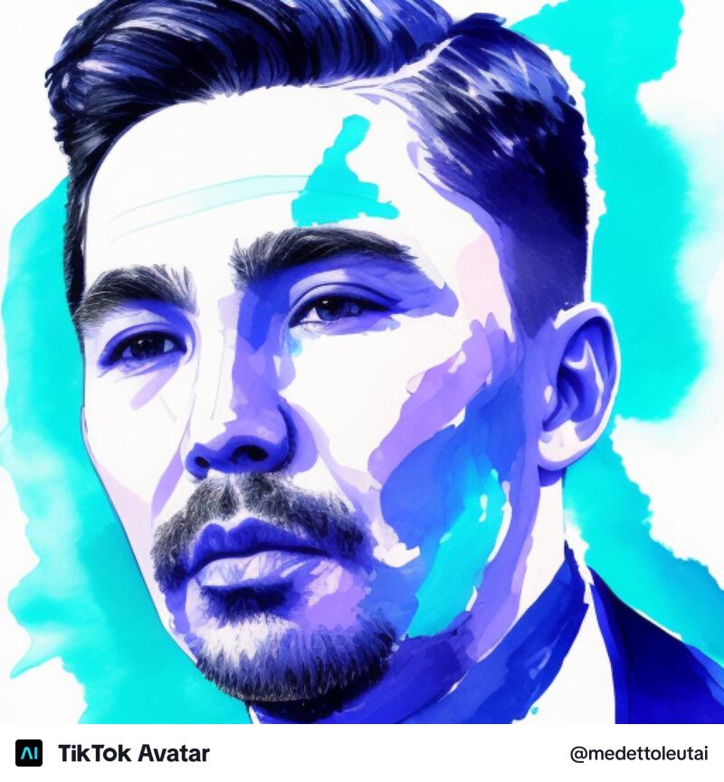 A digitally stylized portrait of a man with a beard and mustache is rendered in shades of blue, purple, and white, set against a light teal background; a "TikTok Avatar" watermark and the username "@medettoleutai" are visible at the bottom.