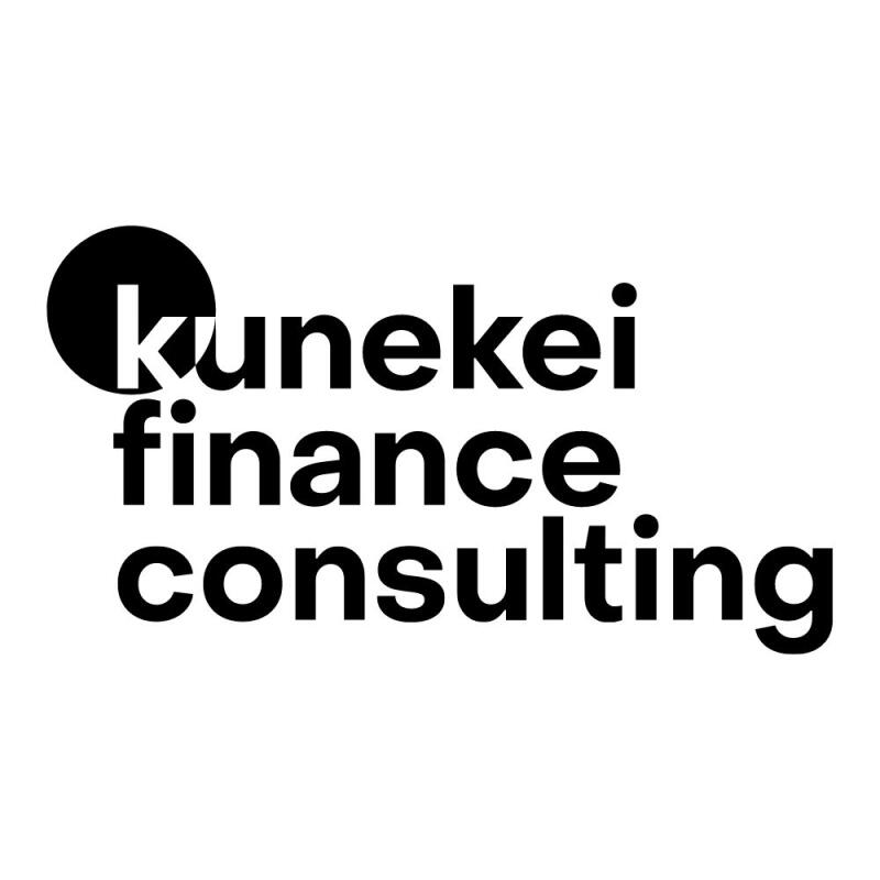 The image is a black and white logo for "Kunekei finance consulting" with a black circle above the word "Kunekei".