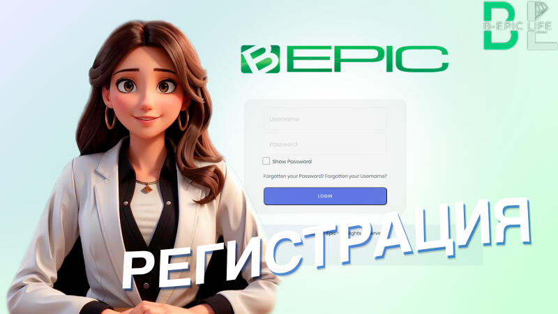 The image features an animated woman in a white blazer with a login form in the background, including fields for Username and Password, and the text 'РЕГИСТРАЦИЯ'.