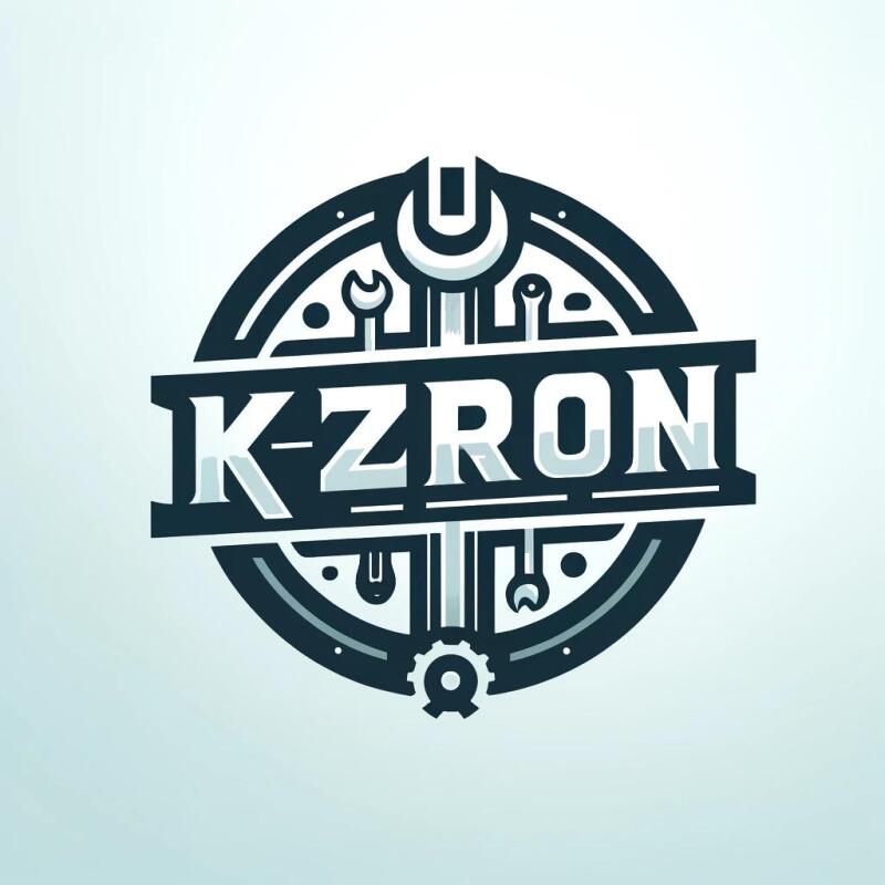 The image features a logo with the text "K-ZRON" in bold, stylized letters, overlaid on a circular emblem that includes depictions of various tools and a gear.