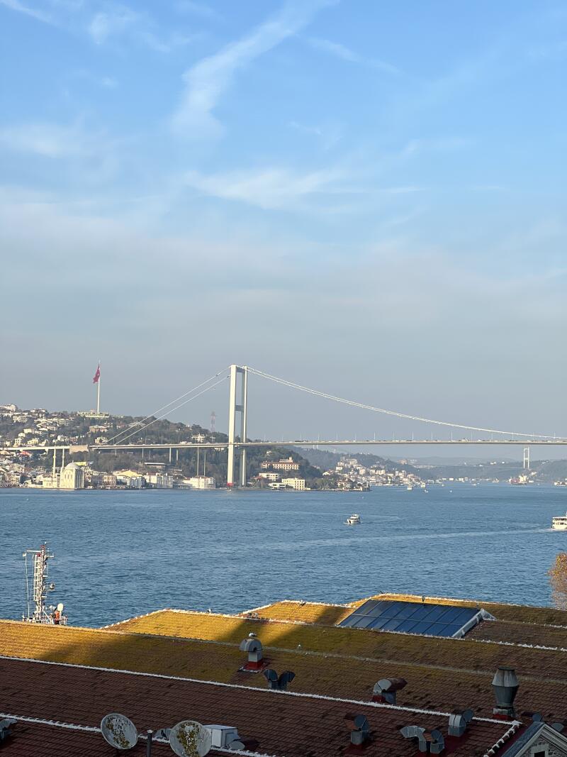 The image shows a suspension bridge spanning a body of water, with city buildings visible in the background and rooftops in the foreground under a blue sky.
