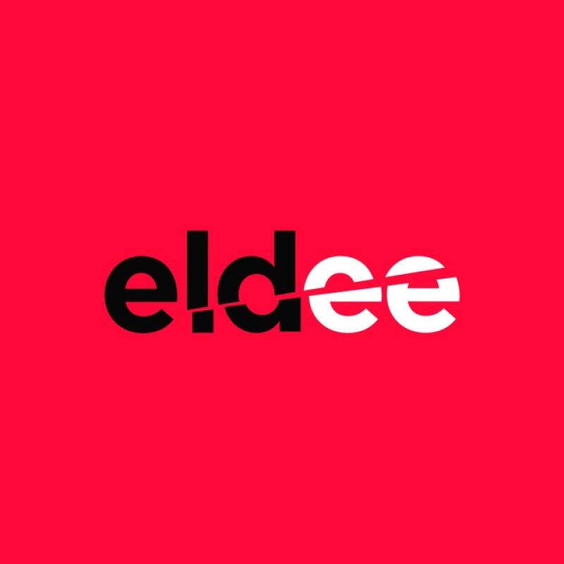 The image shows the word "eldee" in a stylized font, with the first half of the letters in black and the second half in white, set against a red background.