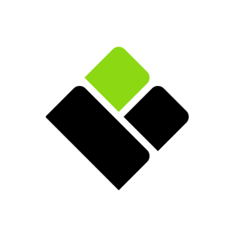 The image shows a logo with three geometric shapes: two black, elongated shapes and a green square. The logo is diagonally oriented and set against a white background.