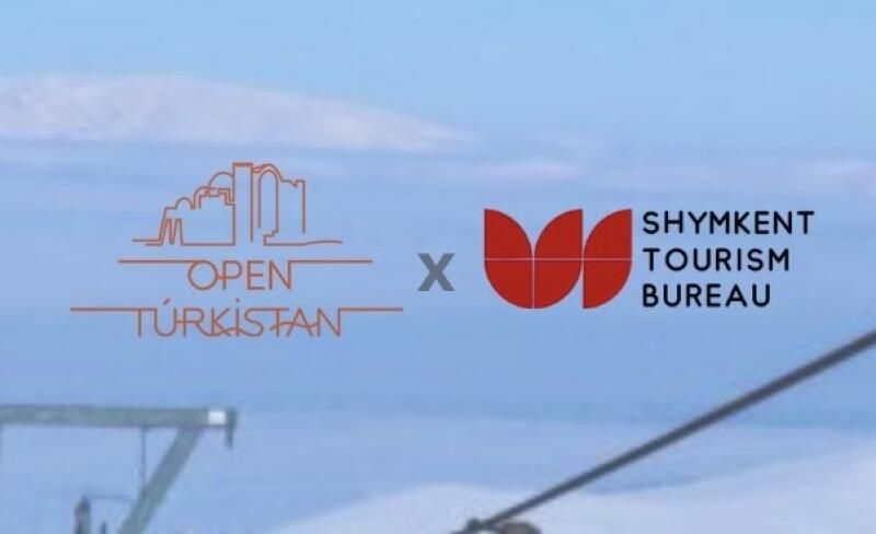 The image shows two logos separated by a large 'X'. The logo on the left features a building outline above the text 'OPEN TÚRKISTAN', while the logo on the right is a red geometric shape alongside the text 'SHYMKENT TOURISM BUREAU'.