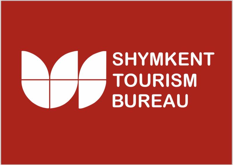 The image features a logo for the Shymkent Tourism Bureau, set against a red background. The logo consists of a stylized white floral emblem to the left, accompanied by the text "SHYMKENT TOURISM BUREAU" in white capital letters to the right.
