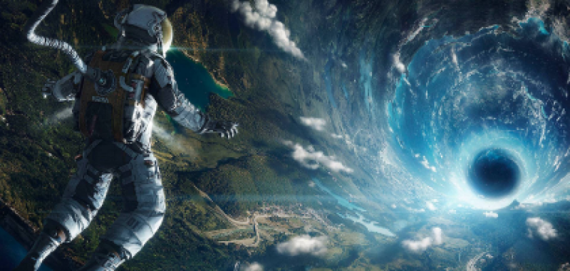An astronaut in a spacesuit floats in space above a landscape, with a bright portal or black hole visible in the distance.