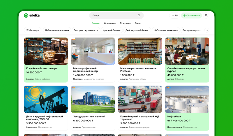 The image shows a business listing website with various business opportunities displayed, including a coffee shop, medical center, beverage store, online school, oil company share, granite factory, container terminal, and oil depot.