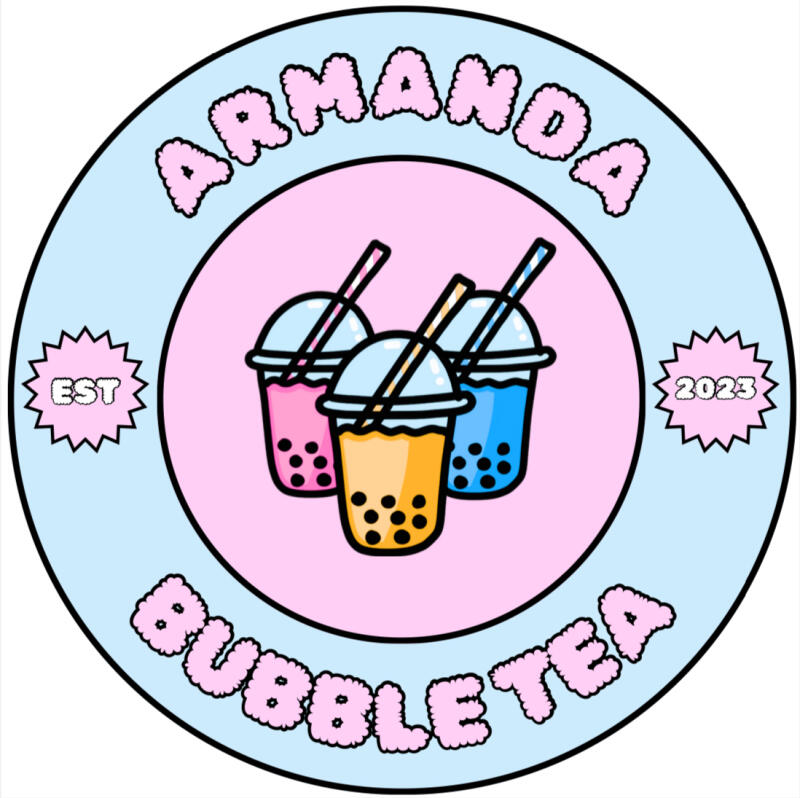 The image is a logo with three cups of bubble tea in pink, yellow, and blue, surrounded by the words "ARMANDA BUBBLE TEA" and "EST 2023".