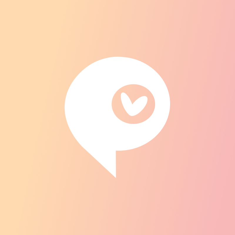 The image features a white speech bubble icon with a heart-like shape inside a circle, set against a gradient background that transitions from light orange to light pink.