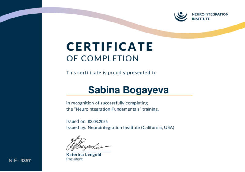 A certificate of completion awarded to Sabina Bogayeva from the Neurointegration Institute, signed by Katerina Lengold, President, issued on 03.08.2025.