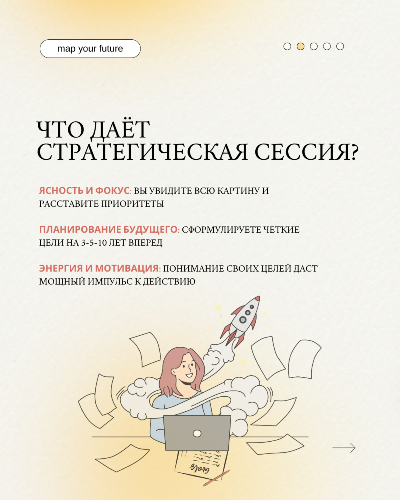 The image features the question “WHAT DOES A STRATEGIC SESSION GIVE?” above text about clarity and focus, future planning, and energy and motivation, accompanied by a cartoon woman working on a laptop surrounded by papers and a rocket.