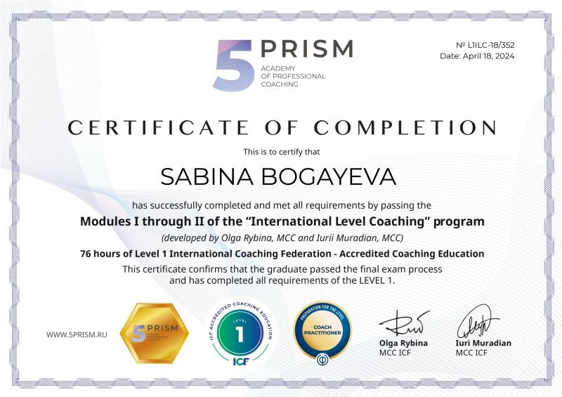 The image is a certificate of completion awarded to Sabina Bogayeva by the PRISM Academy of Professional Coaching, dated April 18, 2024, certifying successful completion of Modules I through II of the 'International Level Coaching' program.