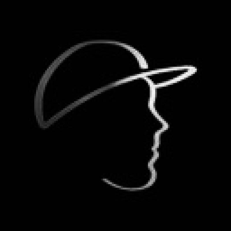 The image is a white line drawing of a person's head in profile wearing a baseball cap against a black background.