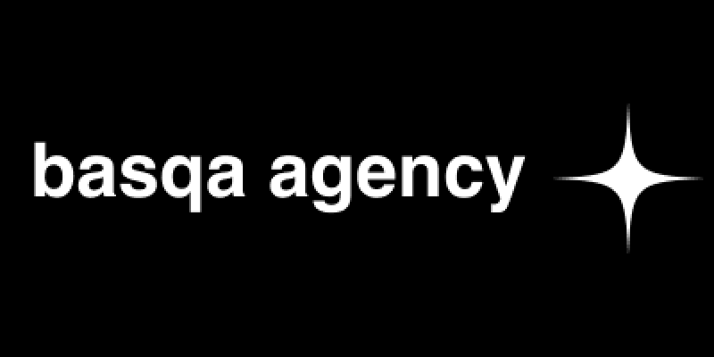 The image displays the white text "basqa agency" against a black background, accompanied by a star-like symbol.