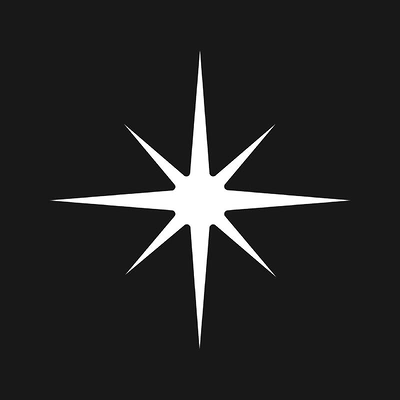 A white star with eight points is set against a black background.