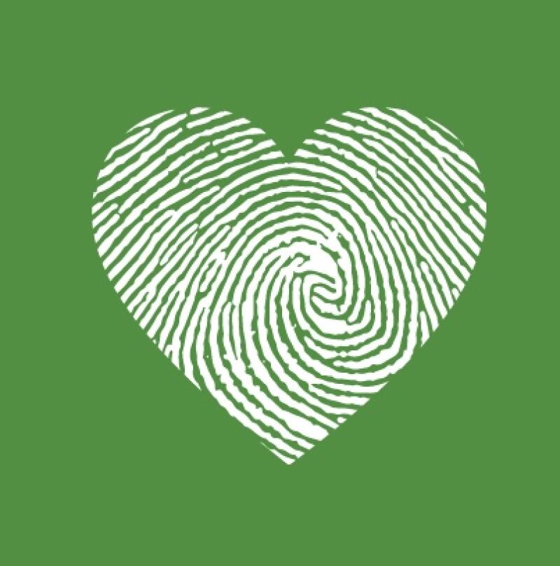 A white fingerprint in the shape of a heart is on a green background.