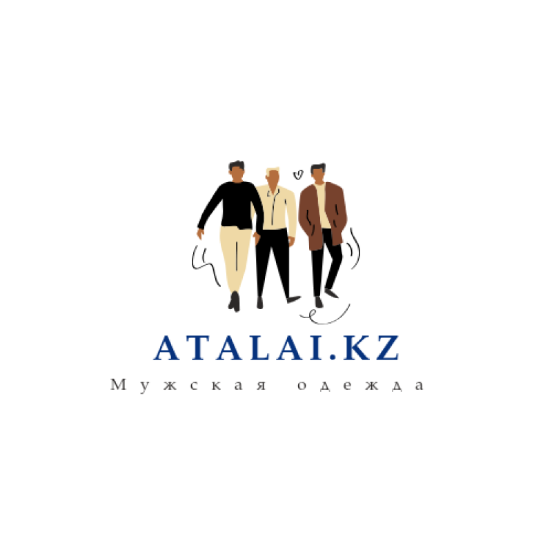 The image shows the logo for ATALAI.KZ, which includes a stylized illustration of three men in different outfits above the name and the words "Мужская одежда" (Men's clothing) underneath.