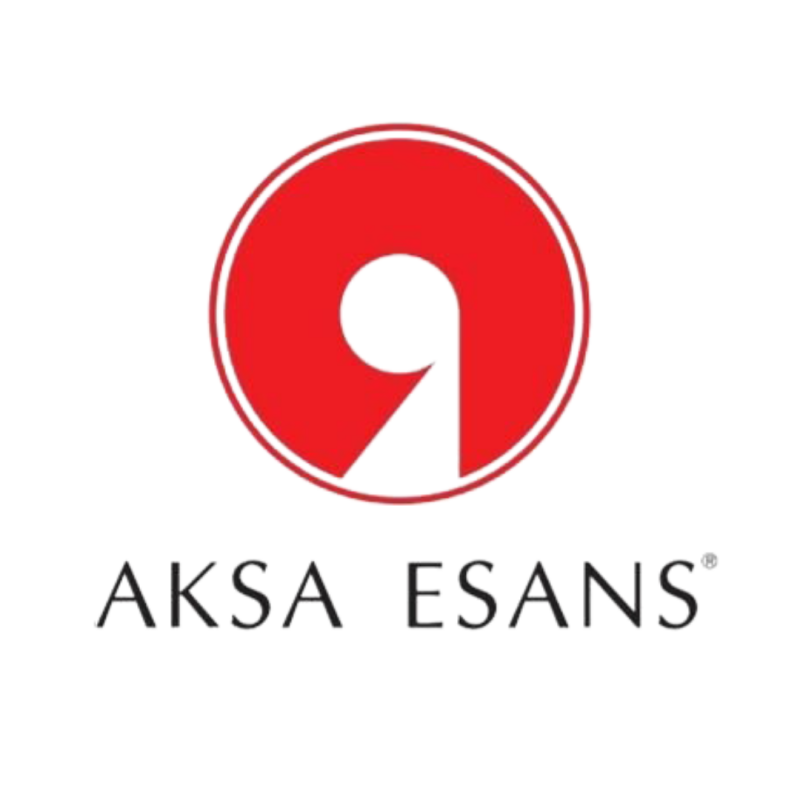 The logo features a red circle with a white, stylized 'A' shape inside, above the text "AKSA ESANS".