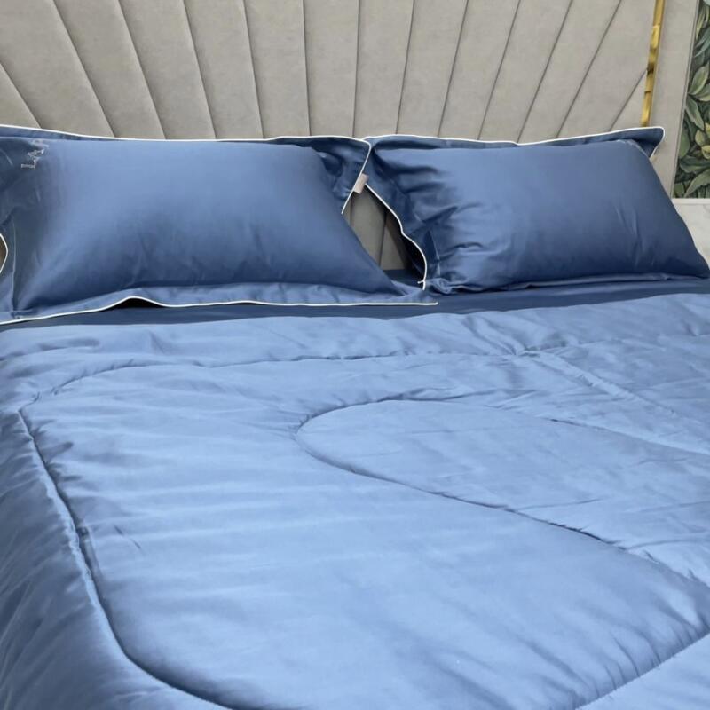 The image shows a bed with blue bedding, including a comforter and two pillows with white trim.