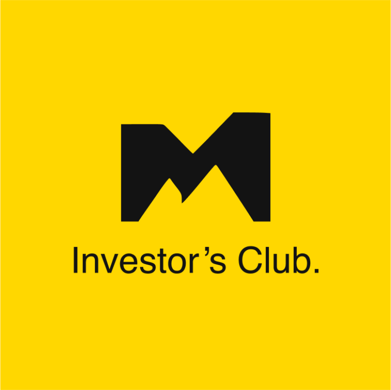 The image features a black stylized "M" logo above the text "Investor's Club" on a yellow background.