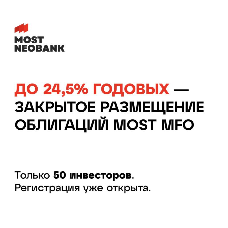 The image features the 'MOST NEOBANK' logo at the top, followed by a promotion for a closed placement of MOST MFO bonds with up to 24.5% annual interest. The text also mentions that there are only 50 investors and registration is now open.