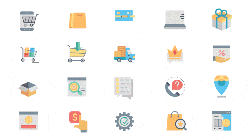 The image features a collection of e-commerce-themed icons, including a shopping cart on a smartphone, a shopping bag, a credit card, a laptop, and a gift box.