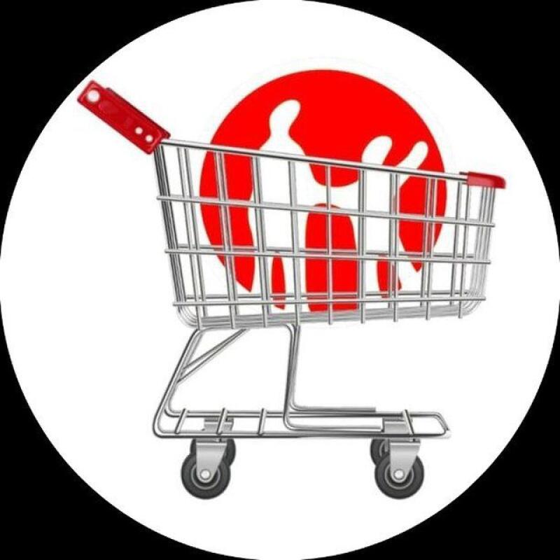 A shopping cart with a red abstract image inside, set against a white circular background.