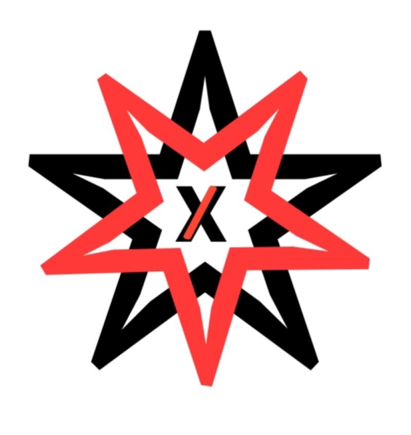 The image features a black seven-pointed star with a red outline of a seven-pointed star overlapping it, and the letter 'X' in red is in the center.
