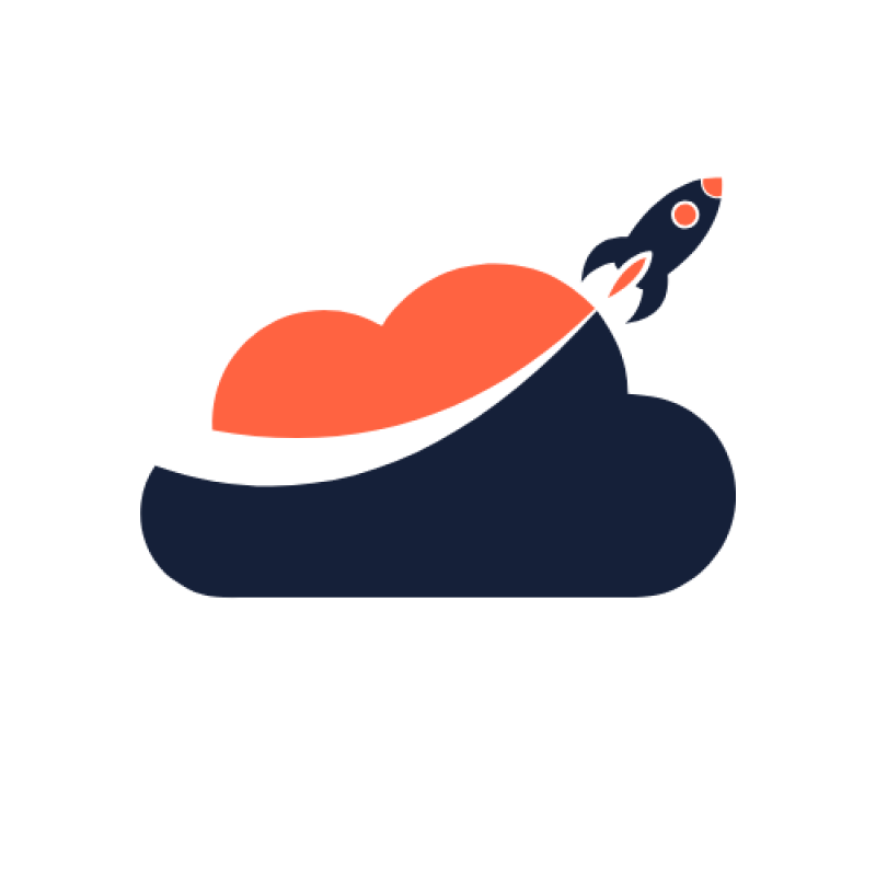 A logo features a stylized cloud with a rocket launching from its side. The cloud is divided into two sections: a dark blue base and an orange upper part. A rocket, also in dark blue with orange accents, ascends from the cloud.