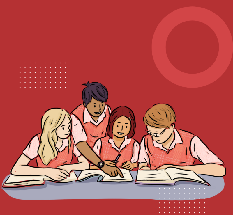 Four students are sitting around a table studying together, with one pointing at an open book with a pen, against a red background with a circle and dotted lines.