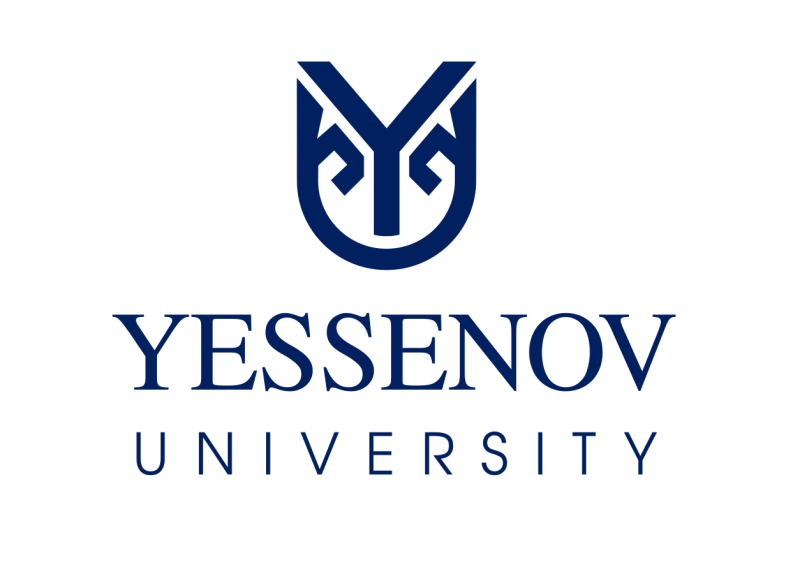 The image features the logo of Yessenov University, depicted in a dark blue hue. The logo consists of a stylized emblem resembling the letter 'Y' with Kazakh ornaments and the words "YESSENOV UNIVERSITY" written below.
