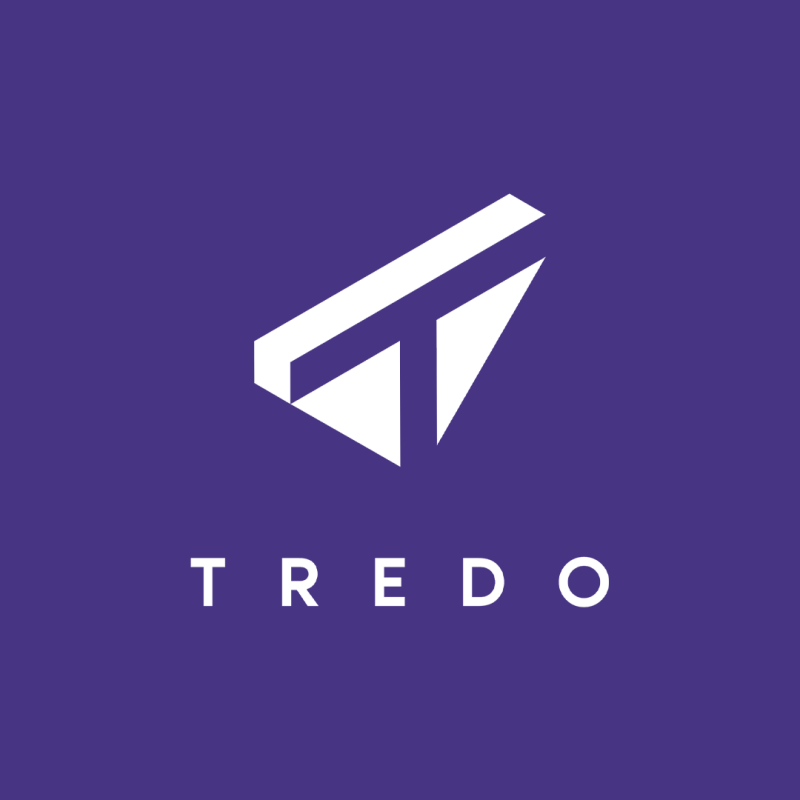 A white geometric logo resembling the letter 'T' is above the word 'TREDO' on a purple background.