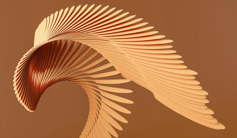 An abstract, spiraling sculpture made of stacked, evenly spaced, peach-colored elements against a matching background.