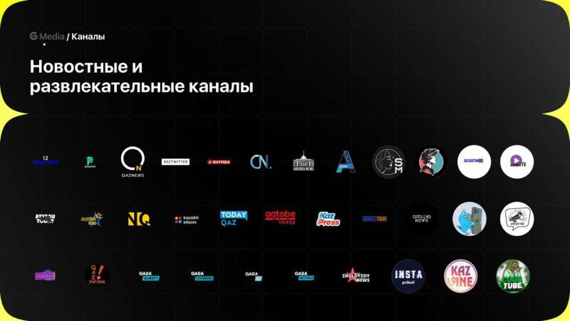 A black screen displays logos and names of various news and entertainment channels, with the text "G Media / Channels", and the heading "News and entertainment channels" in Russian.